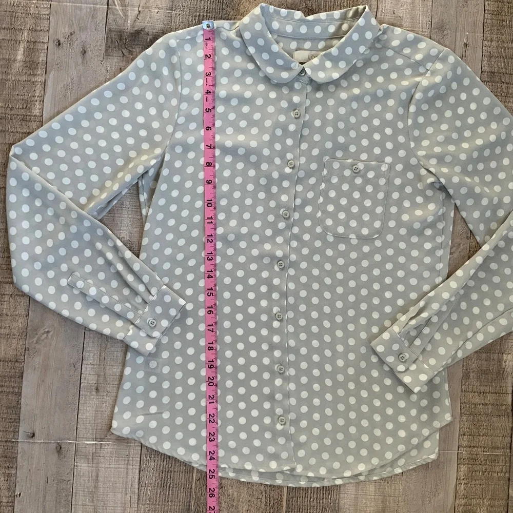 LOFT Grey White Polka Dot Silky Button Front Long Sleeve  Blouse SZ S
